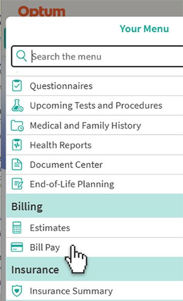 MyChart menu screen